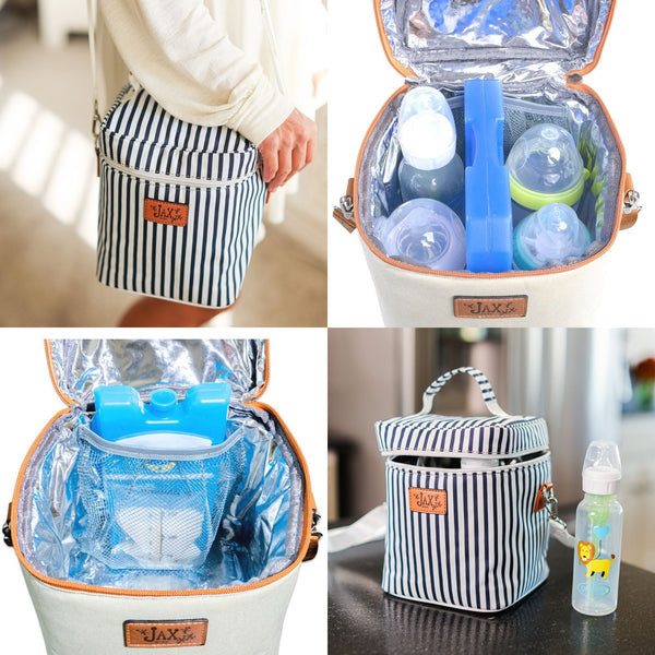 Breastmilk Cooler Bag DUO | 2 Lunch Bags - Insulated Container for 6 Large Bottles or Storage Bags (Nautical Blue Stripe + Boho Cream)