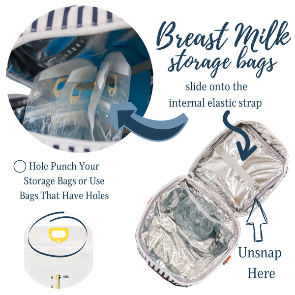 Blue Stripe Breastmilk Cooler Bag | Lunch Bag - Insulated Container for 6 Large Bottles or Storage Bags (Nautical Blue Stripe)