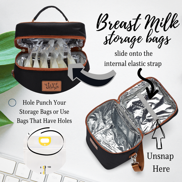 New Breastmilk Cooler Bag Duo | Breastmilk Storage Container for 6 Tall Baby Bottles/Breastmilk Storage Bags - Keeps Breast Milk Storing Bags (Black Onyx + Boho Cream)