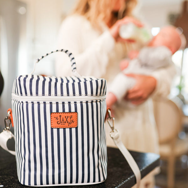 Blue Stripe Breastmilk Cooler Bag | Lunch Bag - Insulated Container for 6 Large Bottles or Storage Bags (Nautical Blue Stripe)